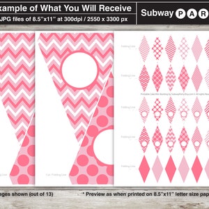 May include: Printable cake mini bunting with pink, white, and chevron patterns. The bunting is designed for a subway party and includes 13 JPG files, each measuring 8.5 inches by 11 inches.