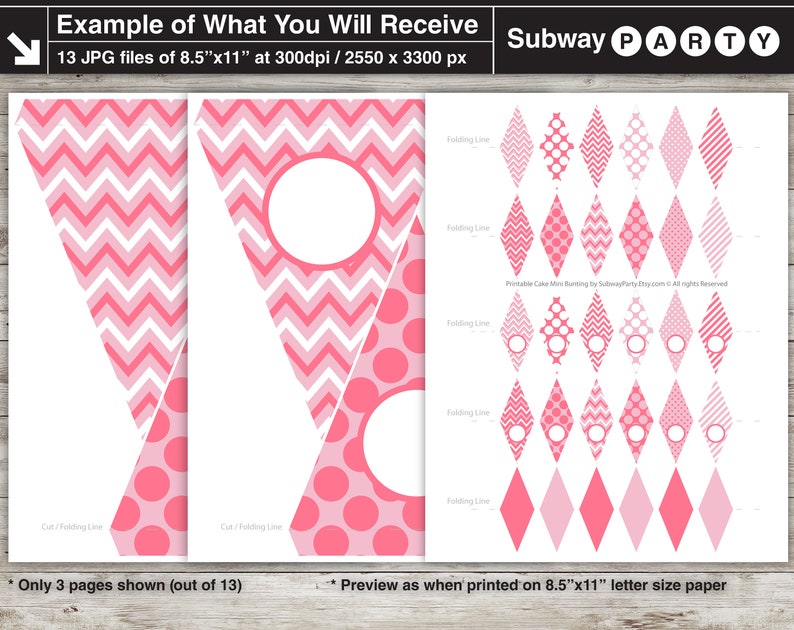 May include: Printable cake mini bunting with pink, white, and chevron patterns. The bunting is designed for a subway party and includes 13 JPG files, each measuring 8.5 inches by 11 inches.