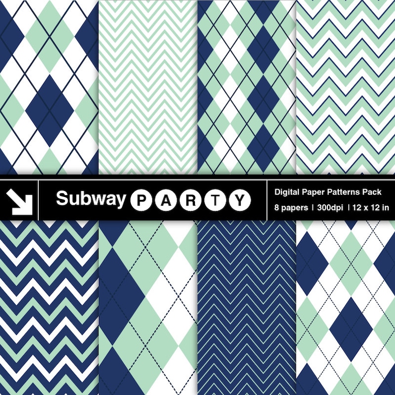 K&ouml;nnte beinhalten: Ein digitales Papierpaket mit acht 12x12 Zoll Mustern in Blau, Gr&uuml;n und Wei&szlig;. Die Muster umfassen Argyle, Chevron und Streifen. Der Text "Subway PARTY" befindet sich oben im Bild.