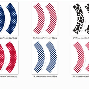 May include: Six printable cupcake wrapper designs in red, white, and blue. The designs include stars, stripes, gingham, and cow print.