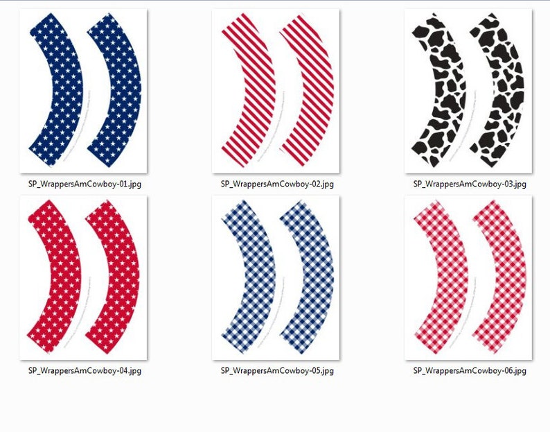May include: Six printable cupcake wrapper designs in red, white, and blue. The designs include stars, stripes, gingham, and cow print.
