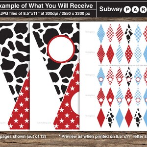 May include: Printable party banner with 13 pages featuring a cow print, red stars, red and white polka dots, blue and white stripes, and blue gingham patterns. The banner is designed for a subway party.