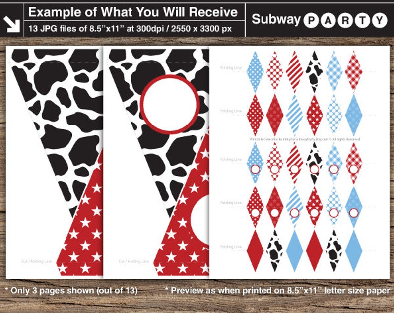 May include: Printable party banner with 13 pages featuring a cow print, red stars, red and white polka dots, blue and white stripes, and blue gingham patterns. The banner is designed for a subway party.