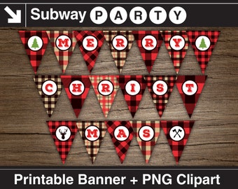 Lumberjack MERRY CHRISTMAS Printable Banner & PNG Clipart Files. Rustic Buffalo Check Plaid, Christmas Tree, Antlers, Axes. Instant Download