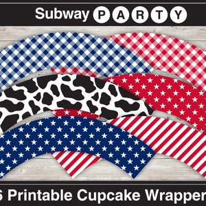May include: Six printable cupcake wrappers with different patterns. The patterns include red and white gingham, black and white cow print, red and white stripes, and blue and white stars. The wrappers are labeled "Subway Party".