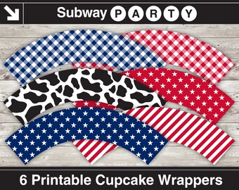 Printable American Cowboy Party Cupcake Wrappers DIY. Black Cow Print, Red, White, Blue Gingham, Stars & Stripes. INSTANT DOWNLOAD