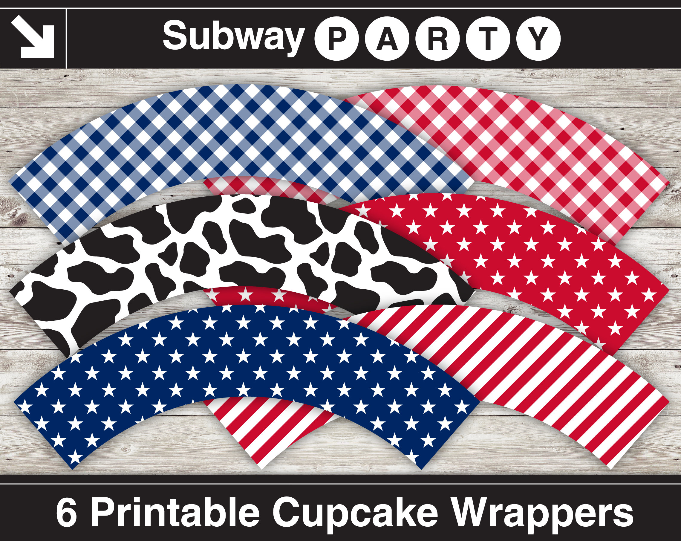 Printable American Cowboy Party Cupcake Wrappers DIY Black Cow Print Red White Blue Gingham Stars Stripes INSTANT DOWNLOAD