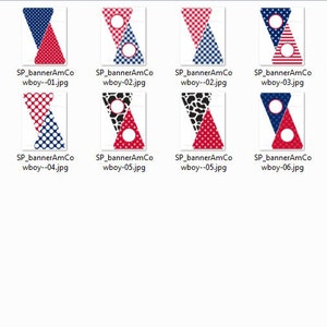 May include: Set of printable party banner designs featuring red, white, and blue colors with polka dots, stars, and gingham patterns. The banners are shaped like triangles with circles for text.