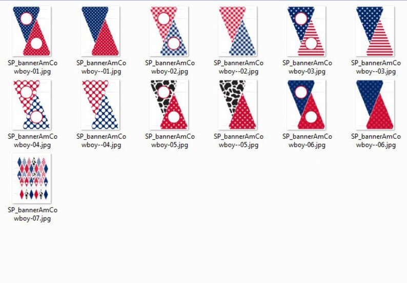 May include: Set of printable party banner designs featuring red, white, and blue colors with polka dots, stars, and gingham patterns. The banners are shaped like triangles with circles for text.