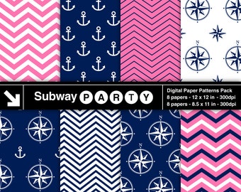 Nautical Pink and Navy Digital Papers Pack. Chevron, Anchors, Compasses. Scrapbook / Invites / Card DIY 8.5x11 12x12 jpg. INSTANT DOWNLOAD