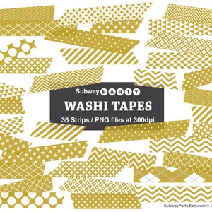 Gold Digital Washi Tape Strips, Clipart, Photo Frame Borders, Scrapbook Embellishment, 36 PNGs Semi-transparent CANVA Elements