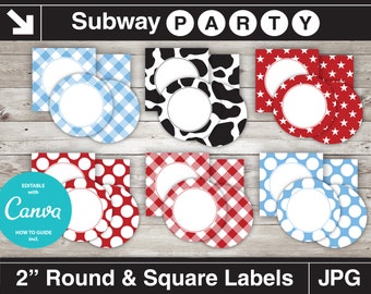 Printable Cowboy Party Cupcake Toppers. Blue, Red, Black Cow Print  Circles & Squares 2", Blank Labels, Tags. Editable JPG INSTANT DOWNLOAD