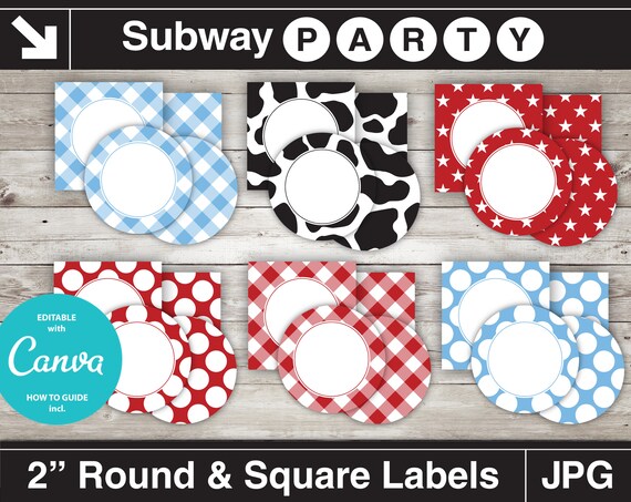 Printable Cowboy Party Cupcake Toppers. Blue, Red, Black Cow Print Circles & Squares 2", Blank Labels, Tags. Editable JPG INSTANT DOWNLOAD Il_570xn