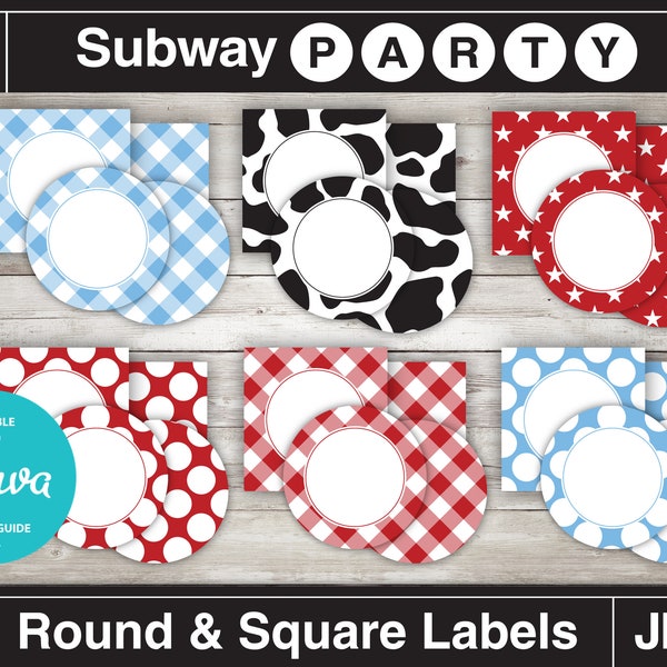 Printable Cowboy Party Cupcake Toppers. Blue, Red, Black Cow Print  Circles & Squares 2", Blank Labels, Tags. Editable JPG INSTANT DOWNLOAD