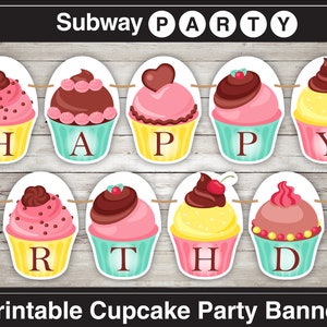 Printable Cupcake Party Banner. Happy Birthday Garland. Chocolate and Strawberry Cupcakes. DIY Banner in Pdf & Jpg Files. INSTANT DOWNLOAD