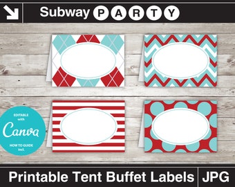 Aqua Blue Red Party Food Labels in Argyle, Chevron, Polka Dots, Stripes. Printable Table Tents / Editable Buffet Cards. Jpg INSTANT DOWNLOAD