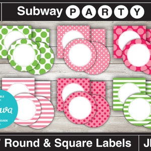 May include: Printable 2 inch round and square labels with polka dot and striped designs in pink, green and white. Editable with Canva. Subway Party.