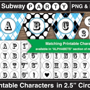 May include: Printable alphabet and number characters in black and white with a vintage style font. The characters are in 2.5 inch circles and are available in a blue and white checkered pattern, a black and white polka dot pattern, and a black and white checkered pattern. The characters are also available in a set of 2.5 inch circles.