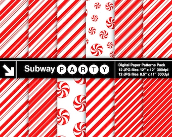 May include: A digital paper pack with 12 red and white striped patterns. The patterns are 12 inches by 12 inches and 8.5 inches by 11 inches. The pack includes candy cane designs with a white background and red stripes.