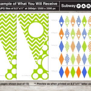 May include: Printable Subway Party banner with 13 pages of green, blue, orange, and white chevron, polka dot, and diamond patterns. The banner is designed to be cut and folded for easy assembly.