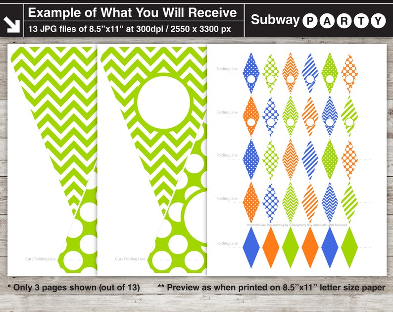 May include: Printable Subway Party banner with 13 pages of green, blue, orange, and white chevron, polka dot, and diamond patterns. The banner is designed to be cut and folded for easy assembly.
