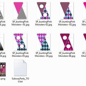 May include: A set of printable party bunting flags with pink, black, and blue geometric patterns. The flags feature a variety of designs, including polka dots, stripes, and diamonds.