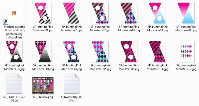 May include: A set of printable party bunting flags with pink, black, and blue geometric patterns. The flags feature a variety of designs, including polka dots, stripes, and diamonds.