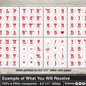 May include: A set of 8.5 x 11 inch printable red and white circle stickers with letters, numbers, and symbols. The stickers are designed for a subway party.