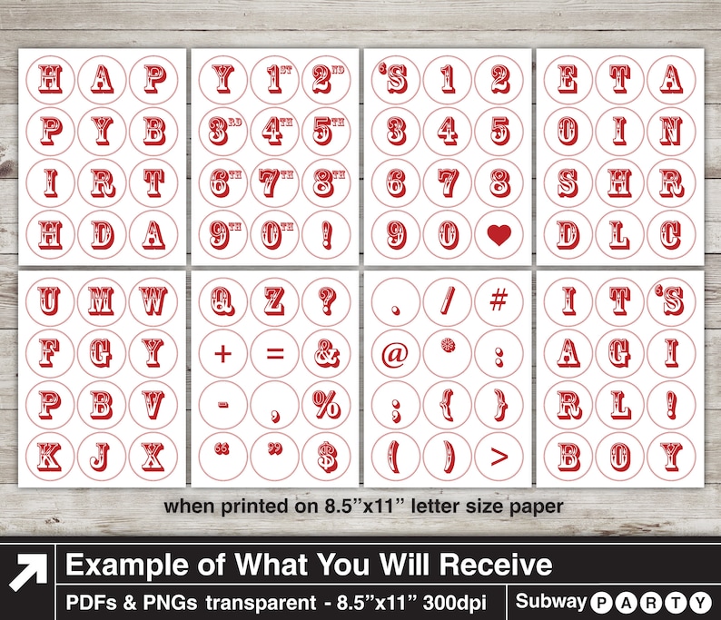 May include: A set of 8.5 x 11 inch printable red and white circle stickers with letters, numbers, and symbols. The stickers are designed for a subway party.