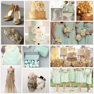 May include: A collage of wedding-themed items. Includes gold glitter peep-toe heels, a gold sequined clutch with a bow, a gold wedding dress, and a three-tiered gold cake. Also, mint green bridesmaid dresses and wedding rings.