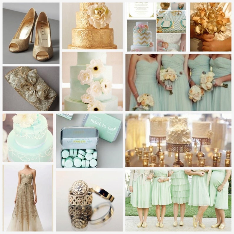 May include: A collage of wedding-themed items. Includes gold glitter peep-toe heels, a gold sequined clutch with a bow, a gold wedding dress, and a three-tiered gold cake. Also, mint green bridesmaid dresses and wedding rings.