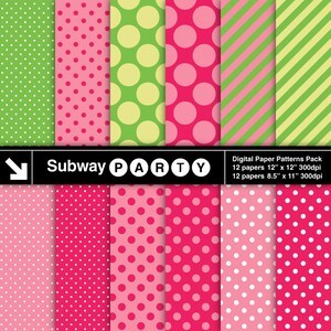 May include: A digital paper pack with 12 different patterns. The patterns include polka dots in various sizes and colors, stripes, and solid colors. The patterns are perfect for crafting, scrapbooking, and other creative projects. The pack includes 12 papers that are 12 inches by 12 inches and 300 dpi. It also includes 12 papers that are 8.5 inches by 11 inches and 300 dpi.
