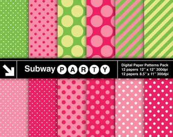 Strawberry Pink and Green Polka Dots & Stripes Digital Papers. Scrapbook / Party Papers / Invites DIY 8.5x11, 12x12 jpg INSTANT DOWNLOAD