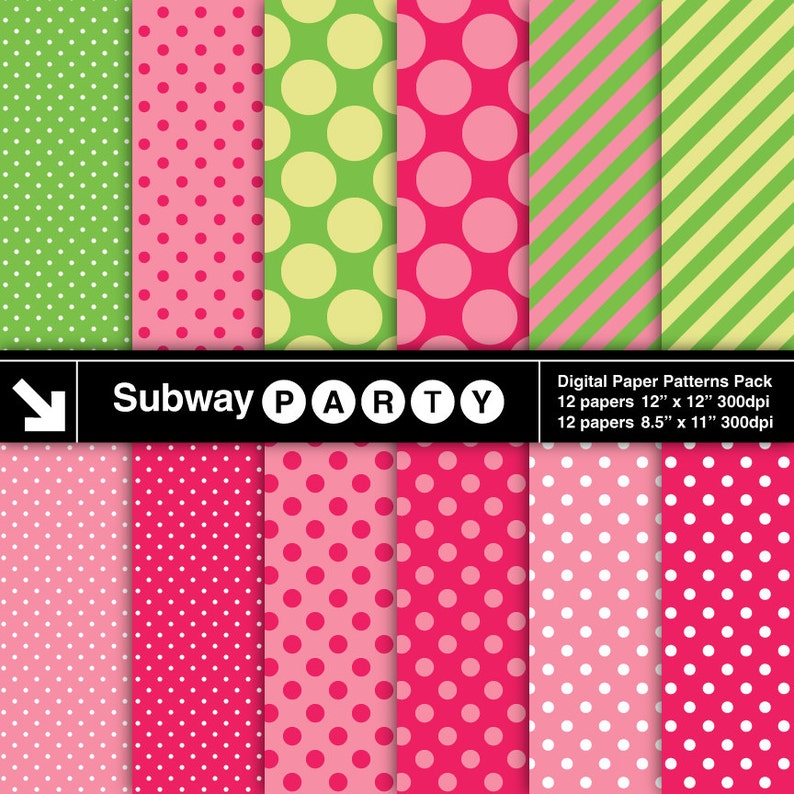 May include: A digital paper pack with 12 different patterns. The patterns include polka dots in various sizes and colors, stripes, and solid colors. The patterns are perfect for crafting, scrapbooking, and other creative projects. The pack includes 12 papers that are 12 inches by 12 inches and 300 dpi. It also includes 12 papers that are 8.5 inches by 11 inches and 300 dpi.