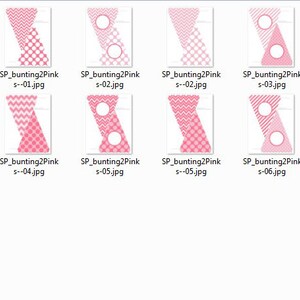 May include: A set of printable pink and white bunting flags with different patterns, including polka dots, chevron, and stripes. The flags are designed for a party or celebration.