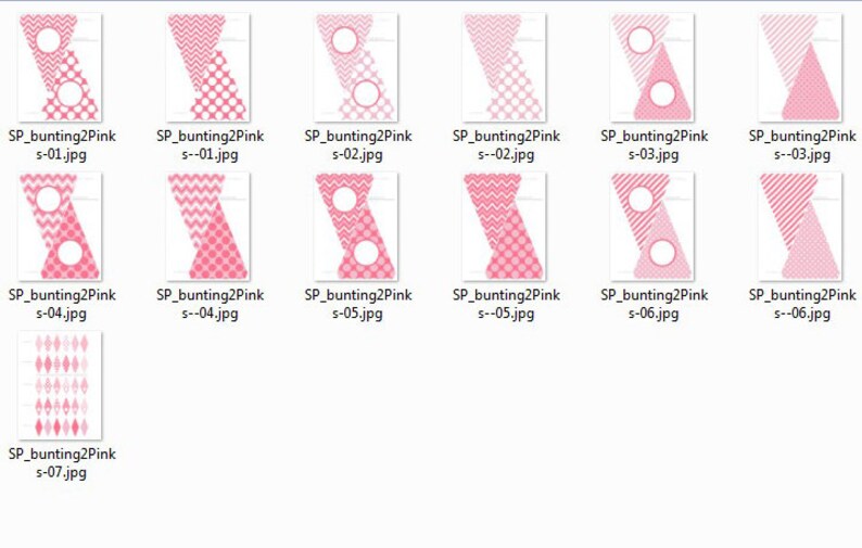 May include: A set of printable pink and white bunting flags with different patterns, including polka dots, chevron, and stripes. The flags are designed for a party or celebration.