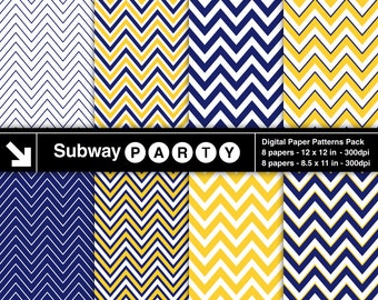 Navy Blue and Yellow Digital Papers Pack in Thick and Thin Chevron. Scrapbook / Printable Party Papers 8.5x11 & 12x12 JPG Download