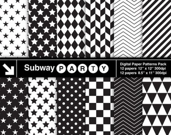 Papeles digitales geométricos en blanco y negro con diseño de chevrón, estrellas y rayas. Ideales para álbumes de recortes, fiestas o como fondo para lienzo (8.5x11 y 12x12 pulgadas, JPG).