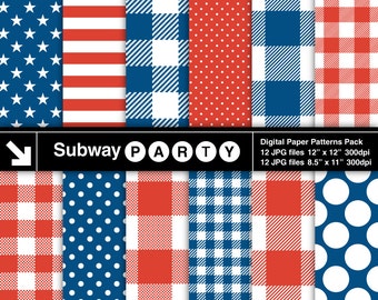 Patriotic Red White Blue Stars Stripes Dots and Checks Junk Journal Pages / Printable Party Papers 8.5x11 & Scrapbook Digital Papers 12x12