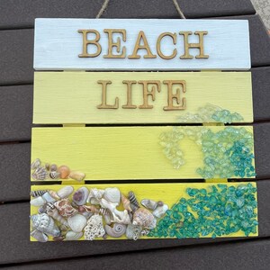 Beach Life wooden wall hanging with sea glass and seashells