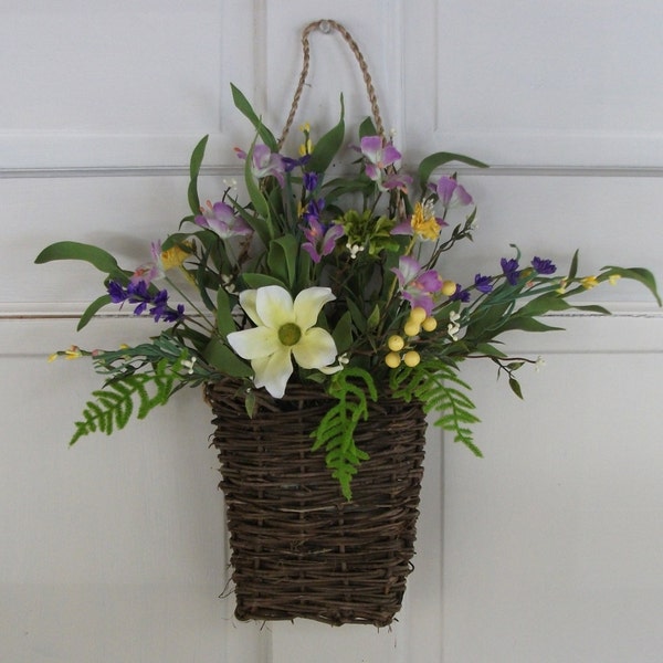 Country Primitive Spring wall basket, door wreath with pink, purple and yellow widlflowers