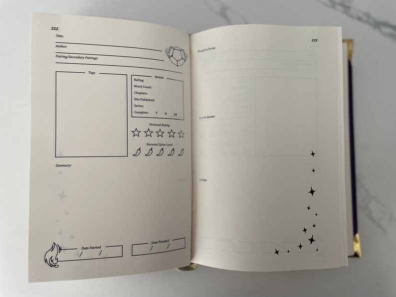 May include: A blank book with a white cover and black text. The book has a section for tracking reading progress, including title, author, rating, word count, chapters, date published, series, and completion status. There are also sections for personal rating, personal spice level, and a summary. The book also has a section for thoughts and notes.