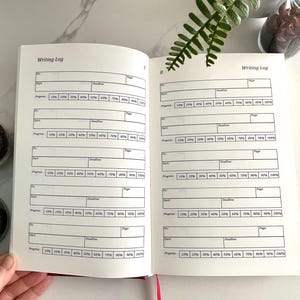 Pode incluir: Um di&aacute;rio de escrita com um design preto e branco. O di&aacute;rio tem se&ccedil;&otilde;es para o nome do projeto, a data de in&iacute;cio, o prazo, o n&uacute;mero da p&aacute;gina e o progresso. A se&ccedil;&atilde;o de progresso tem uma escala de 10% a 100% em incrementos de 10%.