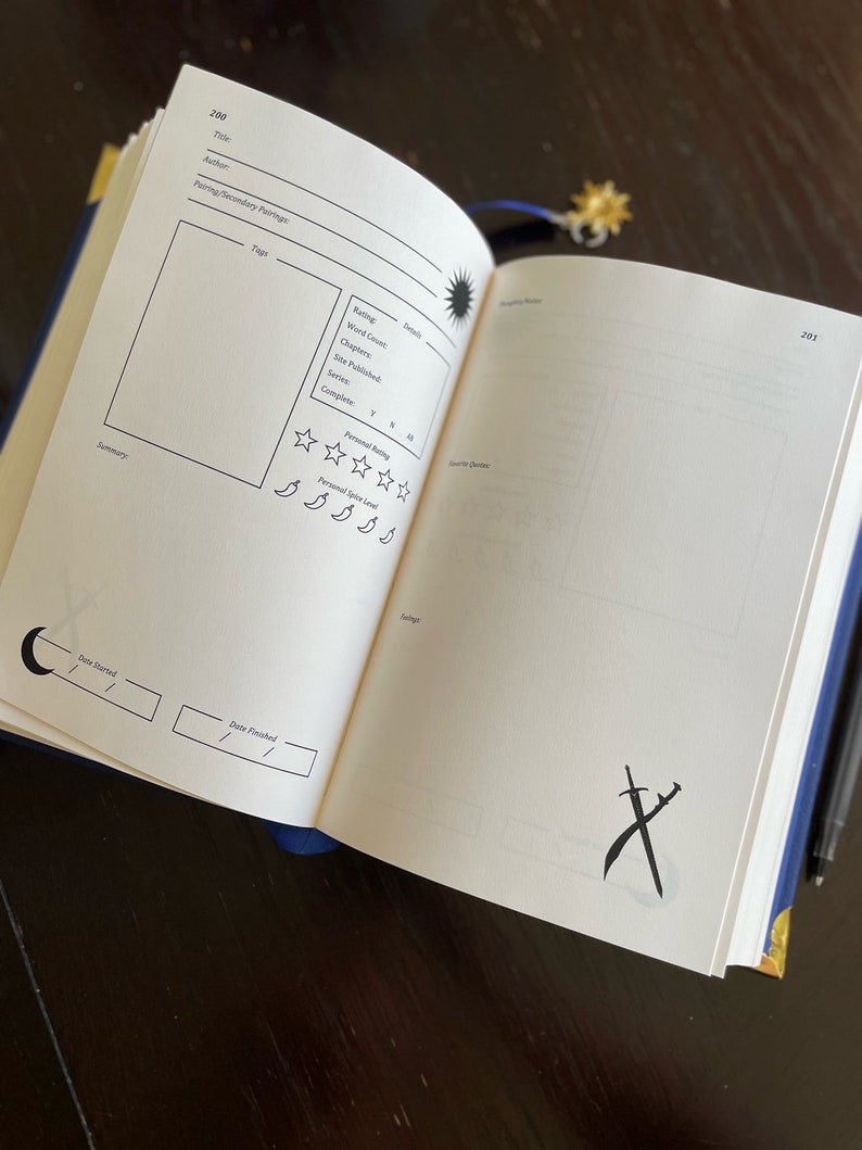 May include: A blank page from a reading journal with a black and white illustration of crossed swords at the bottom of the page. The page is numbered 201.