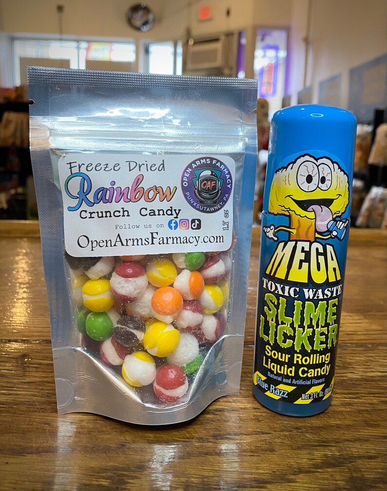 Gift Set- Freeze dried Original or Sour Crunch Candy w/ one bottle of MEGA Slime Licker - Blue Razz or Strawberry FREE SHIPPING 