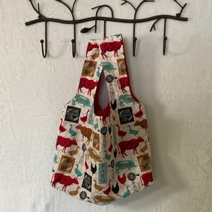 Grocery Bag, Reusable, Shopping Bag, Fabric Shopping Bag, Fully Lined, Red Farm/ Polka Dot Lining, Ready to Ship!