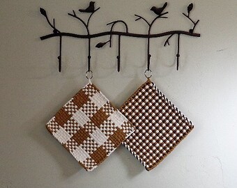 Potholder Set 135, Large, Set of Two, Woven, Heavy Duty Hot Pads, Trivets, Oven Pads, Brown, Gold and White, Ready to Ship!