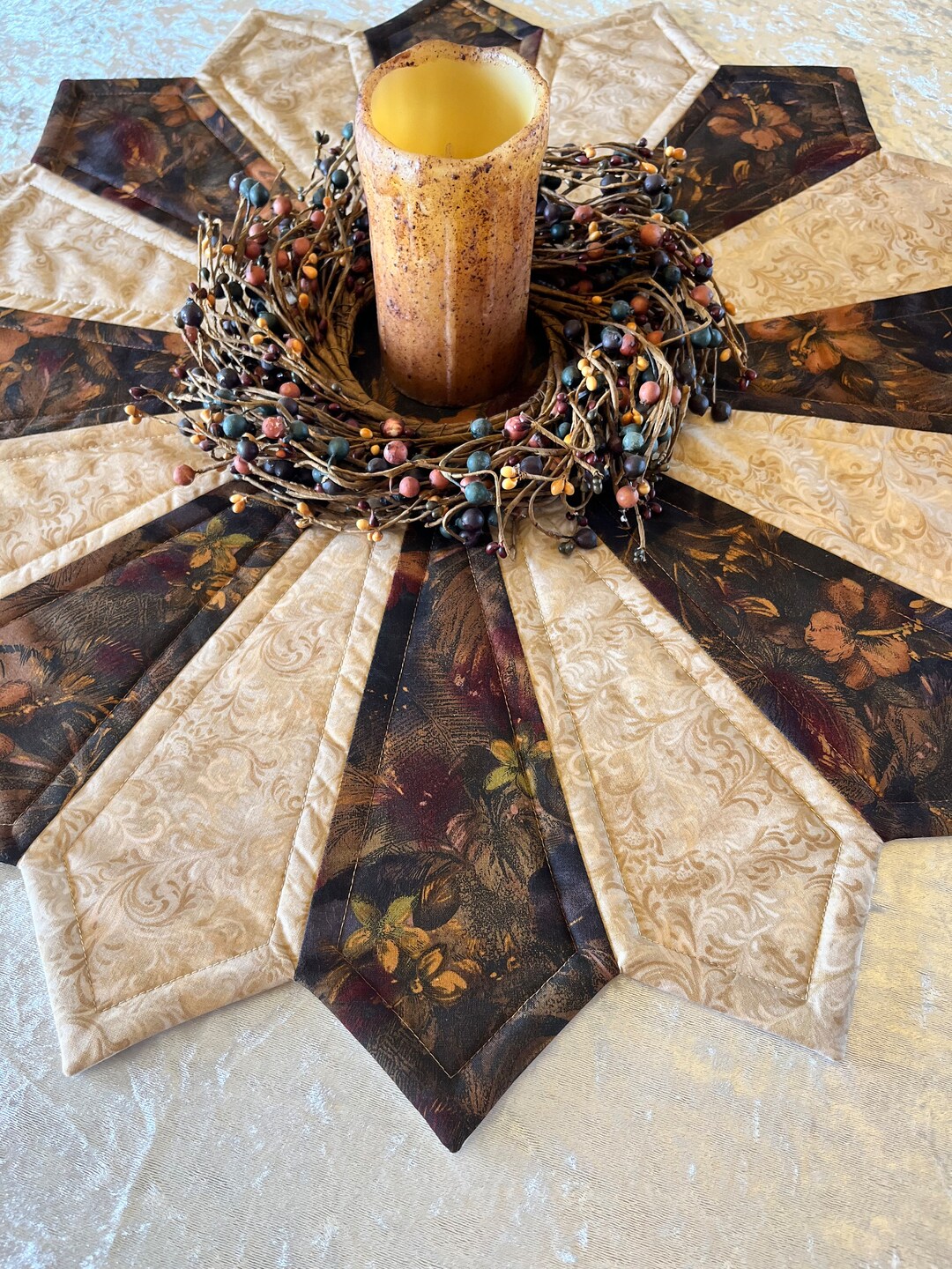 Quilted Table Topper, Hand Made Table Topper, Large Round Topper, Table