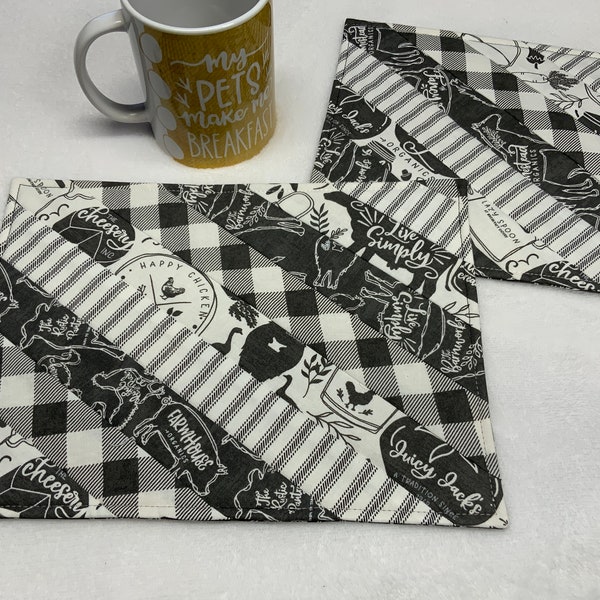 Snack Mats, Set of Two, Mug Rugs, Farm Snack Mats, Mini Placemats, Pair of Small Quilted Snack Mats, “Farm” Ready to Ship!