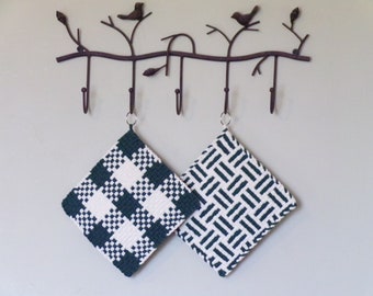 Potholder Set 155, LARGE, Set of Two, Heavy Duty Hot Pads, Trivets, Oven Pads, Dark Green and White, Ready to Ship!